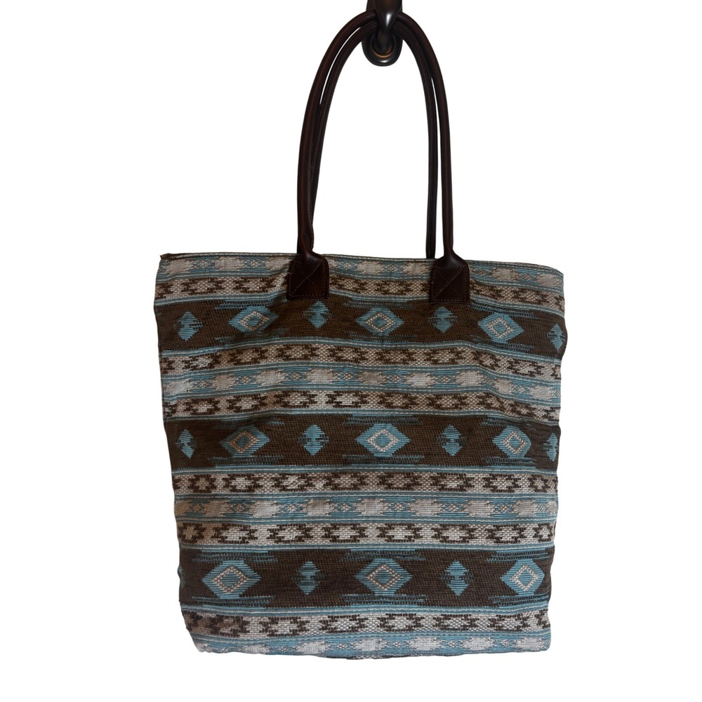 Minnetonka Southwestern Woven Tapestry Tote Bag Turquoise Brown Geometric Boho